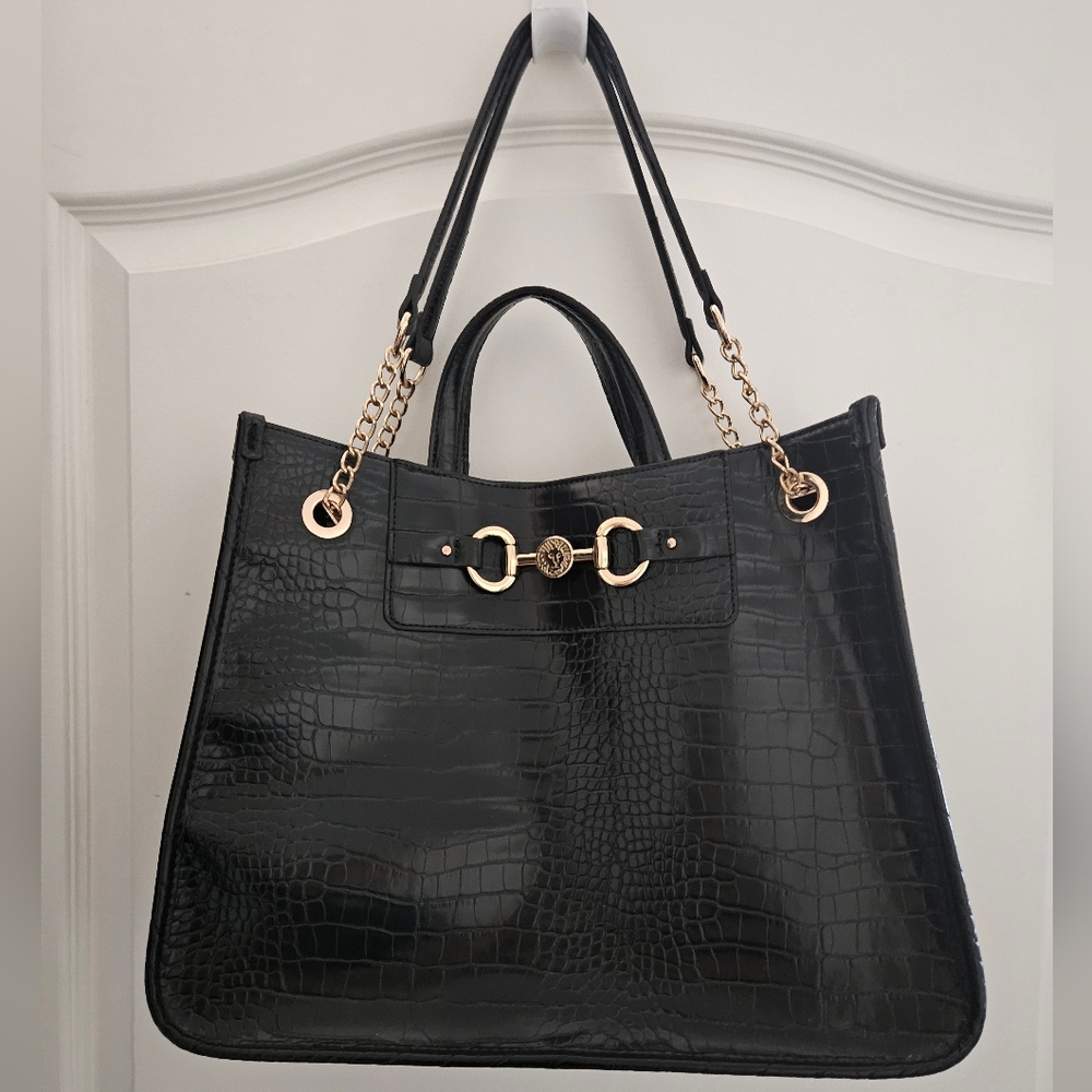 Anne Klein Croco Textured Shoulder Bag Handbag Removable Strap Spacious Black